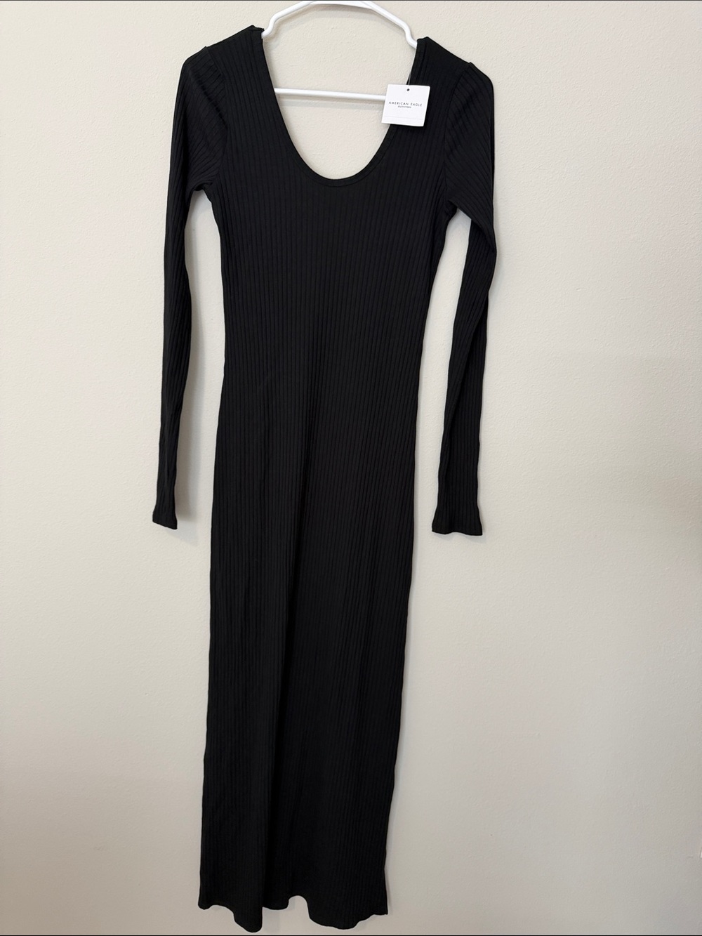American Eagle Outfitters Black Ribbed Maxi Scoop-Neck Dress